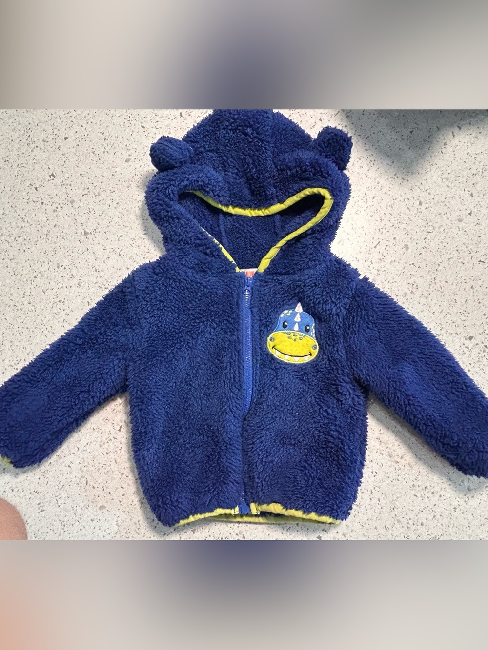 Cozy Navy Blue Fuzzy Baby Hoodie with Dino Patch